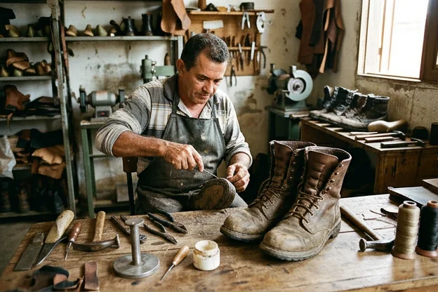Botas sendo cuidadas em Caxias, com ferramentas de sapateiro ao fundo.