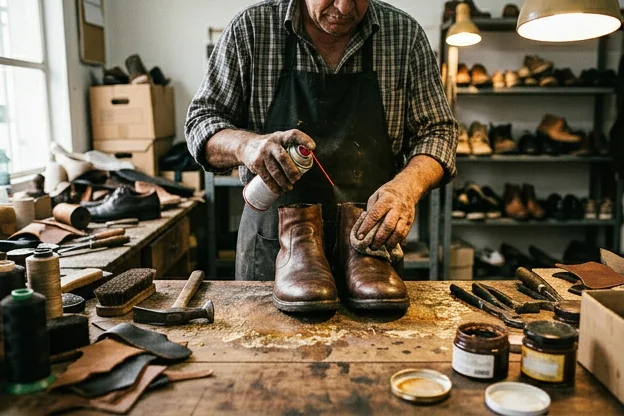 Sapatos recebendo tratamento impermeabilizante em Caxias.